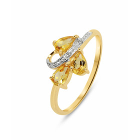 Bague Or jaune 375 Citrine Diamant Monture Or 375 (Or 9 carats) 3 pierres taille poire 5x3mm 3 diamants 1mm 