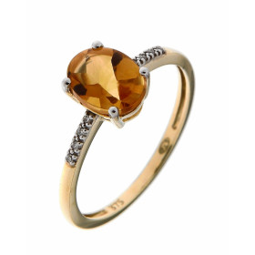 Bague Or Jaune 375 Citrine Ovale 8x6mm Diamant Citrine Ovale 8x6mm serti à griffes Pierre taille suiffée (partie supérieur...