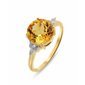 Bague Or jaune 375 Citrine Ronde 9mm et Diamant