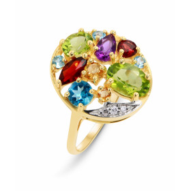 Bague en Or Jaune 375 avec pierres fines multicolores. Cette bague est sertie d'une multitude de pierres fines de différen...