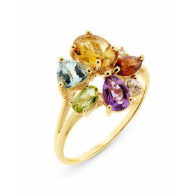  Bague Or Jaune 375 sertie pierres fines Cette bague est sertie d un grenat marquise 5x3mm, d un péridot ovale 5x3mm, d un...