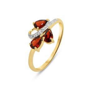Bague Or jaune 375 Grenat Diamant Monture Or 375 (Or 9 carats) 3 pierres taille poire 5x3mm 3 diamants 1mm