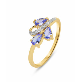 Bague Or jaune 375 Tanzanite Diamant Monture Or 375 (Or 9 carats) 3 pierres taille poire 5x3mm 3 diamants 1mm 