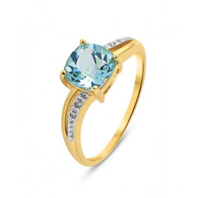 Bague Or jaune 375 Topaze Bleue Coussin 7x7mm et Diamant. Monture en Or 375 (Or 9 carats). Pierre centrale taille coussin ...