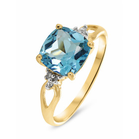 Bague Or jaune 375 Topaze Bleue Coussin 8x8mm et Diamant