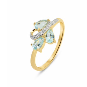 Bague Or jaune 375 Topaze Bleue Diamant Monture Or 375 (Or 9 carats) 3 pierres taille poire 5x3mm 3 diamants 1mm 