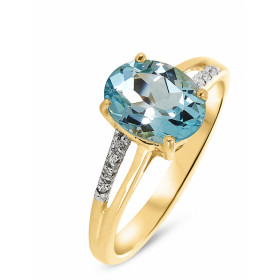 Bague Or jaune 375 Topaze Bleue Ovale 9x7mm et Diamant