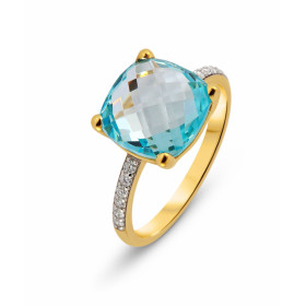 Bague Or Jaune 375 Topaze bleue traitée Coussin 10x10mm et Diamant