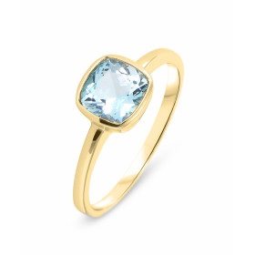 Bague Topaze Bleue Traitée Or Jaune 375 La pierre centrale est une Topaze Bleue taille coussin 7x7mm Elle est maintenue su...