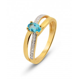 Bague Or Jaune 375 Topaze bleue traitée Ovale 6x4mm et Diamant