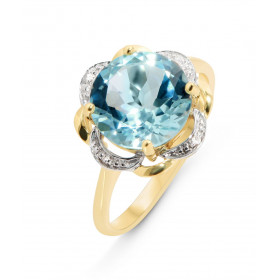 Bague Or Jaune 375 Topaze bleue traitée Traitée 10mm et Diamant