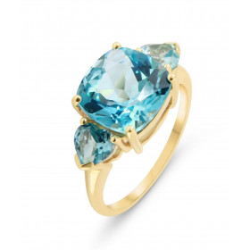 Bague Or Jaune 375 Topaze bleue traitée Traitée Coussin et Coeur. Bague sertie d'une Topaze bleue traitée Coussin de 10x10...