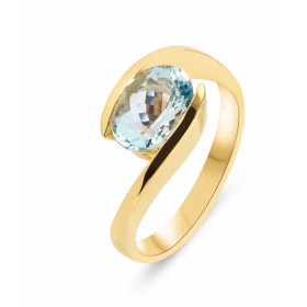  Bague Or Jaune 750 sertie d une Aigue Marine Ovale 9x7 mm (1.8 carat) Serti demi clos Corps croisé 