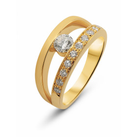 Bague en Or jaune 750 sertie d&#39;un diamant rond 0,31 carat - couleur G - pureté i1 et de 10 diamants de 1,7 mm en entou...
