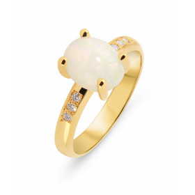  Bague Or Jaune 750 Opale Ovale 9x7mm sertie à griffes Poids opale : 1,15 carat 6 diamants 1,4mm diamètre pour un poids di...