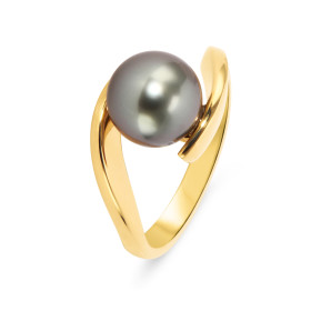  Bague Or Jaune 750 une perle tahiti ronde 9mm Largeur monture (sur doigt, vue dessus) : 11mm Perle qulaité A presentant t...