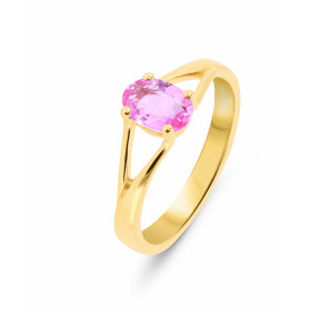 Bague en Or Jaune 750 sertie d&#39;un Saphir Rose Ovale de 7x5mm. Poids Saphir : 0.95 carat. Serti à griffes