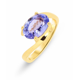 Bague Or Jaune 750 Tanzanite ovale de 10x7mm. Tanzanite de 3 carats sertie à griffes. Monture corps croisé