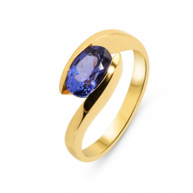 Bague Or Jaune 750 Tanzanite Ovale 8x6 AAA. Pierre ovale de 8x6mm (1.25 carat). Qualité Tanzaite : AAA. Serti demi clos