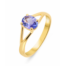 Bague en Or Jaune 750 sertie d&#39;une Tanzanite Ovale de 8x6mm. Poids Tanzanite : 1.1 carat. Serti à griffes