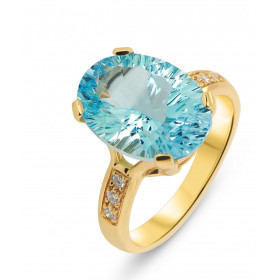  Bague Or Jaune 750 Topaze Bleue Ovale 14x10mm Pierre ovale 14x10mm (6.5 carats) Serti à griffes 6 diamants 1.5mm chaque c...