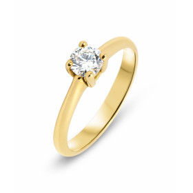 Bague en Or jaune 750 (18 carats) type solitaire. Diamant rond de 0,33 carat serti à griffes. Couleur diamant : H - pureté...