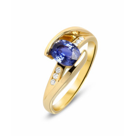  Bague Or Jaune 750 (18 carats) sertie d un Saphir ovale 7x5mm (1,1 carat) 6 diamants pour un poids total 0,07 carat Large...