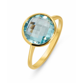 Bague Or Jaune sertie d une Topaze Bleue ronde taille dome 10mm diamètre Poids Pierre : 3,1ct 