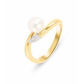Bague 2 Ors sertie de 3 diamants et d&#39;une Perle blanche de 6mm de diamètre. Poids Diamant : 0,034 carats. Qualité Diam...