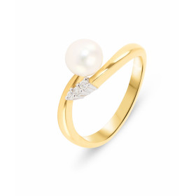  Bague 2 Ors sertie 3 diamants d une Perle blanche 6mm diamètre Poids Diamant : 0,034 carats Qualité Diamant : HSI 