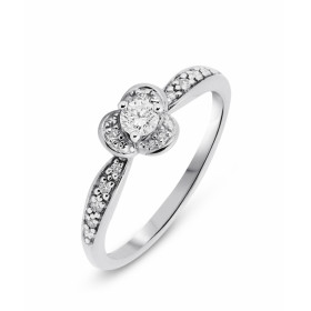 Solitaire en Or Blanc 750 et Diamants. Le motif central en forme de pétale est serti d&#39;un diamant de 2,8mm de diamètre...
