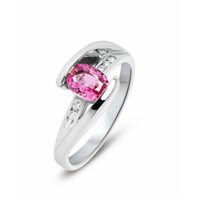 Bague en or Blanc sertie d&#39;un saphir rose ovale de 7x5mm et de diamants. Poids Diamant : 0,075 carat. Poids Saphir : 0...