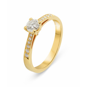 Bague Solitaire accompagné en Or Jaune 750. Diamant central de 5.1mm de diamètre (0,47 carat - Couleur K - Pureté Si1). Di...