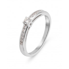 Bague Solitaire accompagné Or Blanc 375 Oxydes zirconium Bague sertie d un Oxyde 2.8mm son centre 2 rangs 6 oxydes 1.4mm S...