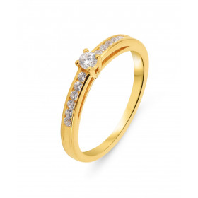 Bague Solitaire accompagné Or Jaune 375 Oxydes zirconium Bague sertie d un Oxyde 2.8mm son centre 2 rangs 6 oxydes 1.4mm S...