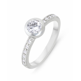 Bague Solitaire Argent 925 Rhodié Oxyde zirconium Pierre centrale ronde serti clos 6 oxydes chaque coté sertis à grains La...