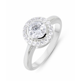 Bague Solitaire Argent 925 rhodié Oxyde zirconium Pierre centrale 6mm serti clos entourrée 20 oxydes sertis à grains Large...