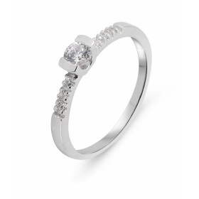 Bague solitaire épaulé or blanc 375 oxyde zirconium Pierre centrale ronde 3,5mm diamètre sertie demi clos Entourage compos...