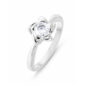 Bague Solitaire Fleur Argent 925 Rhodiéet Oxyde zirconium Pierre centrale ronde serti clos dans un motif forme fleur Large...