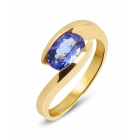  Bague Or Jaune 750 Tanzanite AAA Pierre ovale 8x6mm (1.25 carat) Serti demi clos   