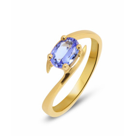 Bague en Or Jaune 750 sertie d&#39;une Tanzanite. Pierre Ovale de 7x5mm (0,8 carat). Serti à griffes. Corps croisé