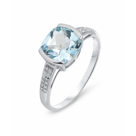 Bague  Topaze bleue traitée Coussin 8mm et Diamant en Or Blanc 375