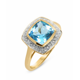 Bague Topaze bleue traitée Coussin 8mm et Diamant Or Jaune 375  