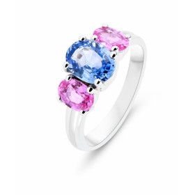 Bague Trilogie Or Blanc 750 Saphir Bleu et Saphir rose