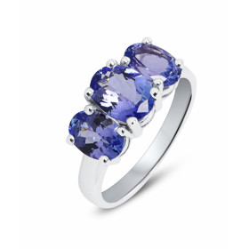 Bague Trilogie en Or Blanc 750 sertie d&#39;une Tanzanite Ovale de 8x6mm et de deux Tanzanites ovales de 7x5m, le tout en ...