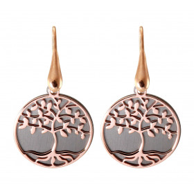 Boucles d'oreilles pendantes en argent rhodié composées d'un arbre de vie en argent flashé or rose dans un cercle de 20mm ...