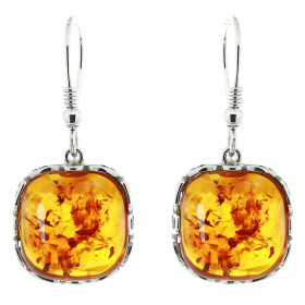 Boucles d'oreilles Ambre coussin 14x14mm et Argent 925. Boucles d'oreilles pendantes en Argent 925 et Ambre couleur cognac...