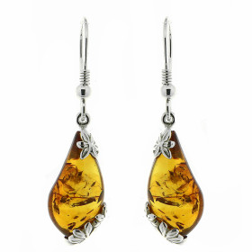 Boucles d oreilles Ambre Goutte 19x10mm Argent 925 Boucles d oreilles pendantes Argent 925 Ambre couleur cognac 2 ambres t...