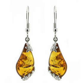 Boucles d'oreilles Ambre Goutte 19x10mm et Argent 925. Boucles d'oreilles pendantes en Argent 925 et Ambre couleur cognac....