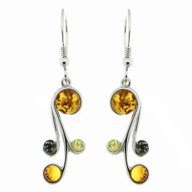 Boucles d'oreilles Ambre Multicolore et Argent 925. Boucles d'oreilles pendantes en Argent 925 et Ambre multicolore (coule...